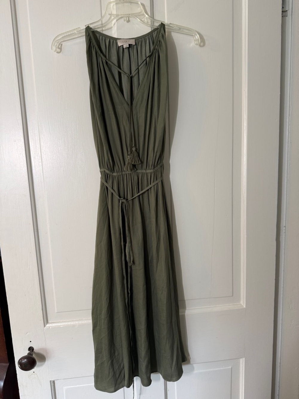 LOFT Olive Green Maxi Dress with Tassel Tie